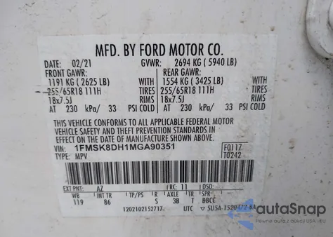 2021 Ford Explorer Xlt из США, поврежденный, VIN 1FMSK8DH1MGA90351